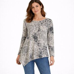 Peruvian Connection Cotton Modal Medallion Lace Print Asymmetric Tunic Top M/L